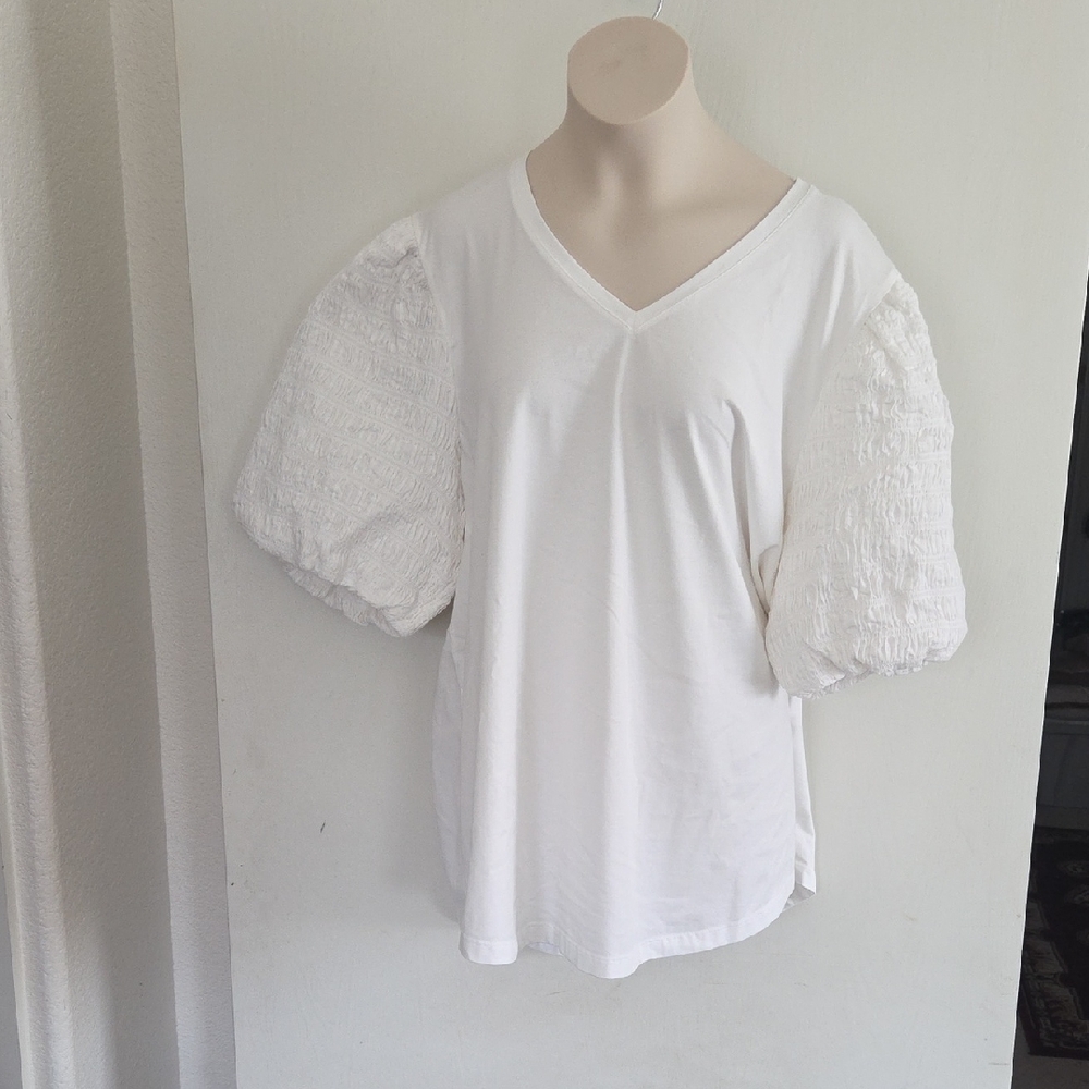 CLOSET CLEAR OUT!!! Chico's White V-Neck Blouse with Textured Sleeves